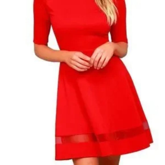 Lulu’s Sheer Factor Red Mesh Skater Dress Fit & Flare Half Sleeve Size Medium - Picture 2 of 9
